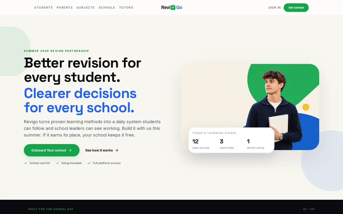 ReviGo website landing page for schools